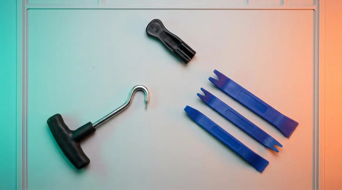 Peg remover tool set including guitar pin puller, tent stake extractor, and automotive trim tools