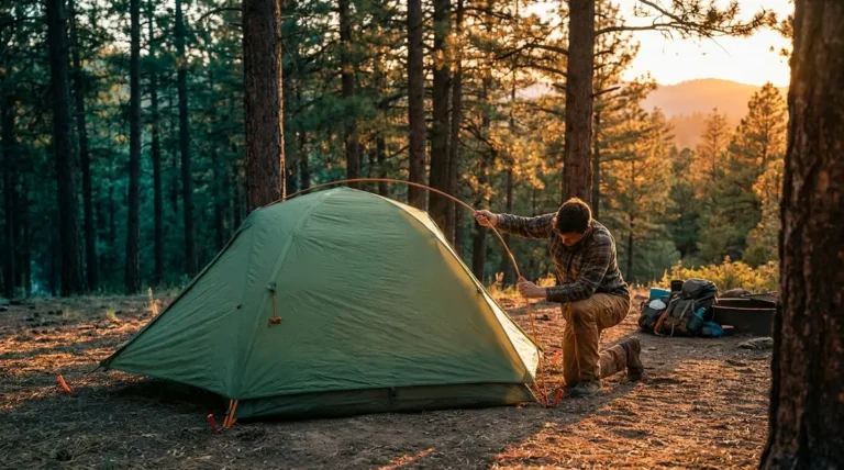 Solo camper pitching a dome tent alone at a forested campsite during golden hour
