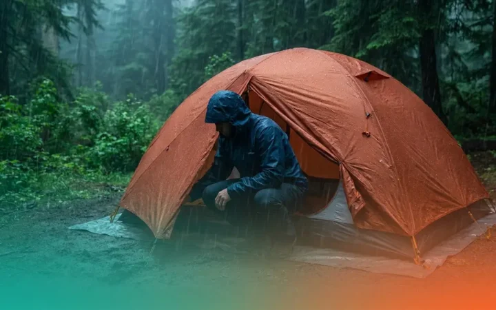 Camper pitching a tent in the rain with rainfly fully tensioned at a forest campsite