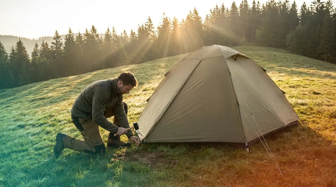 How to pitch a tent on a slope — camper driving angled stake into hillside campsite