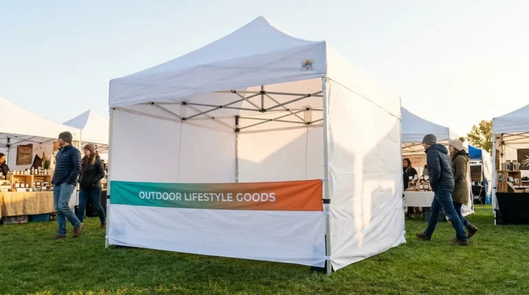 Best pop-up canopy with sidewalls fully deployed at outdoor vendor market in wind