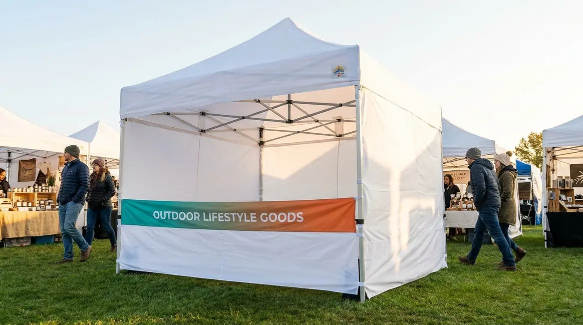 Best pop-up canopy with sidewalls fully deployed at outdoor vendor market in wind