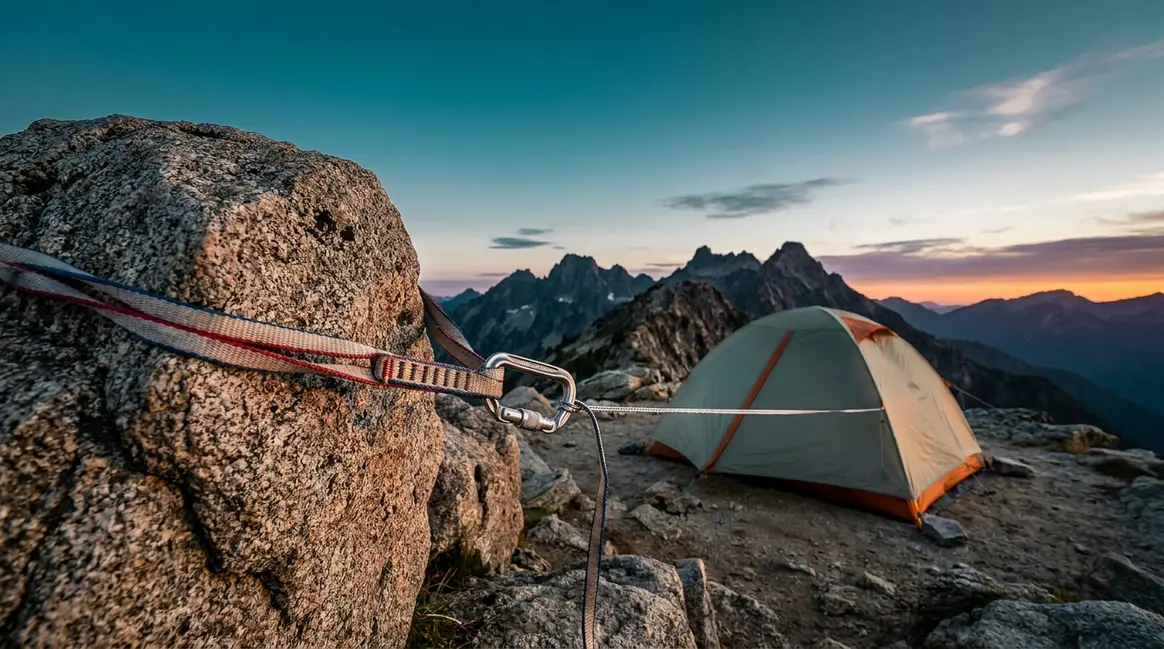 Rock anchor sling looped around granite boulder securing tent guyline on rocky alpine campsite