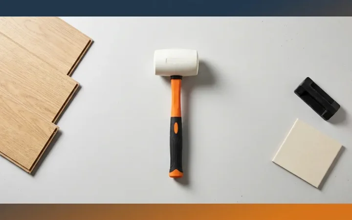 Rubber mallet tool guide featuring white mallet with flooring planks and tile on workshop bench