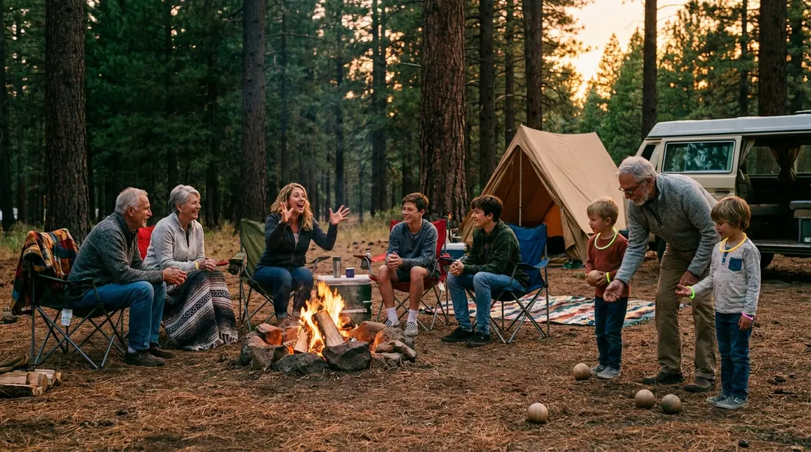 Family playing screen-free camping games around a glowing campfire at dusk