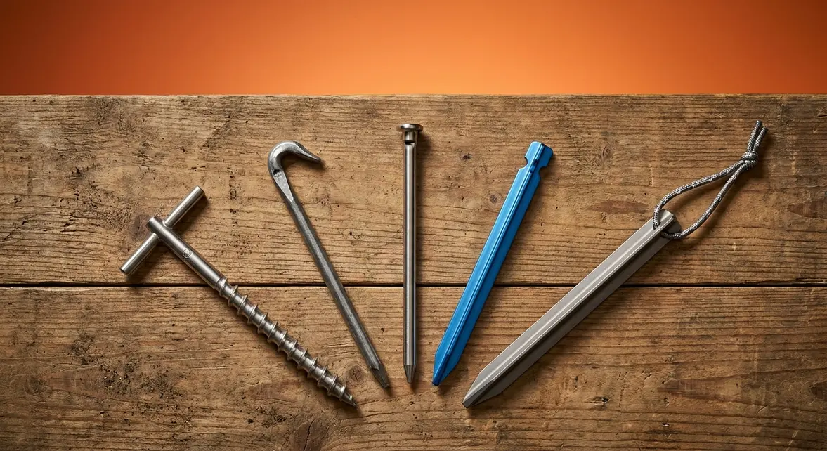 Secure tent nail stakes comparison of five types on wooden surface with orange gradient background