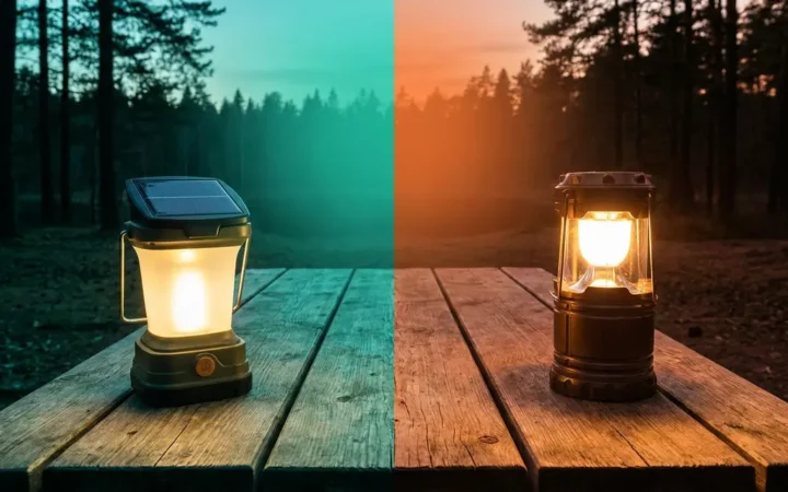 Solar vs battery camping lanterns side-by-side comparison on outdoor campsite table
