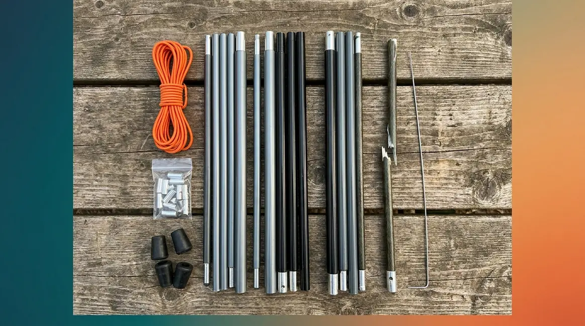 Complete spare tent pole set repair kit showing pole segments, shock cord, ferrules, and end tips
