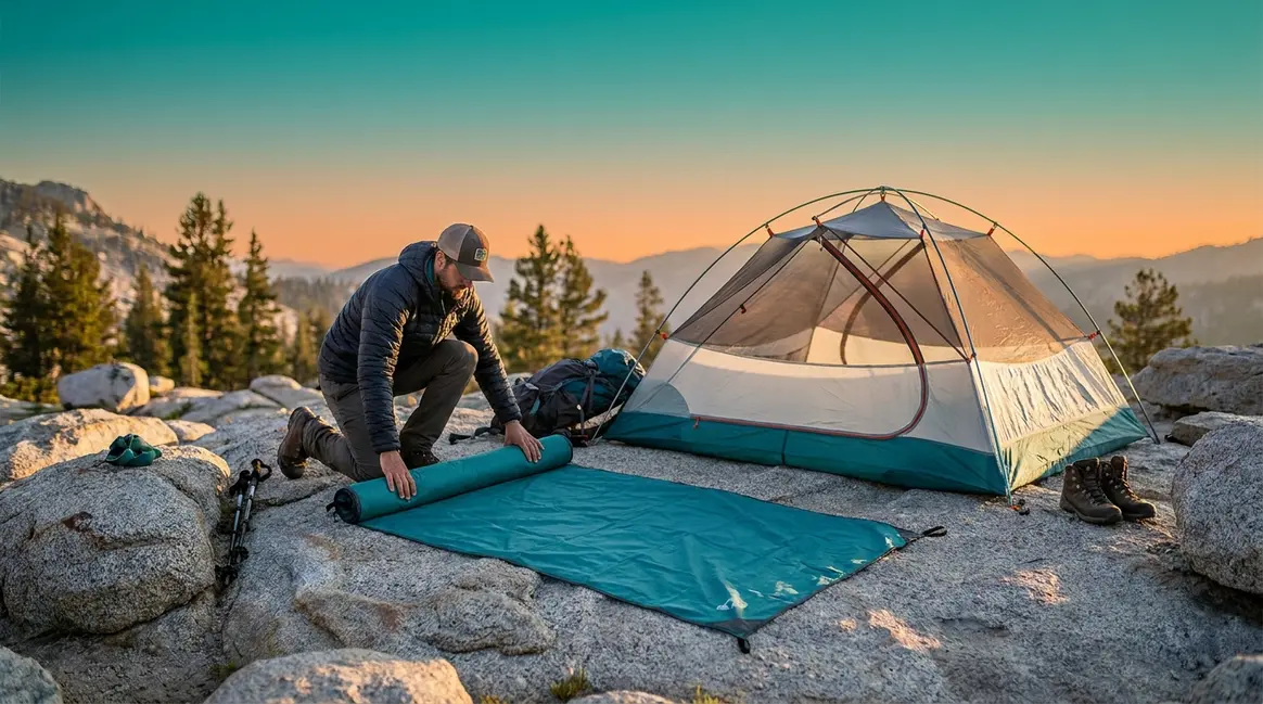 What is a tent footprint — hiker placing protective groundsheet under backpacking tent on rocky campsite