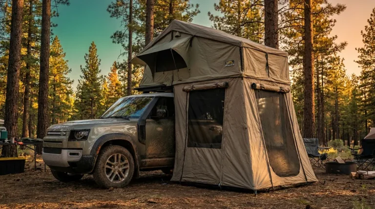 Tent gear annex attached to rooftop tent on SUV at forest campsite showing enclosed ground-level room
