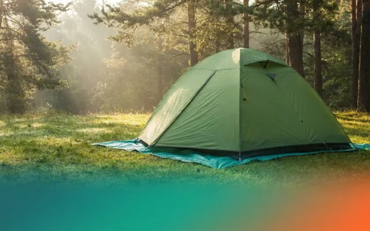 Tent groundsheet correctly tucked under a dome tent on a forest campsite