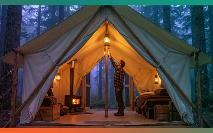 Tent livability guide showing spacious canvas wall tent interior with full standing room and dual entry doors