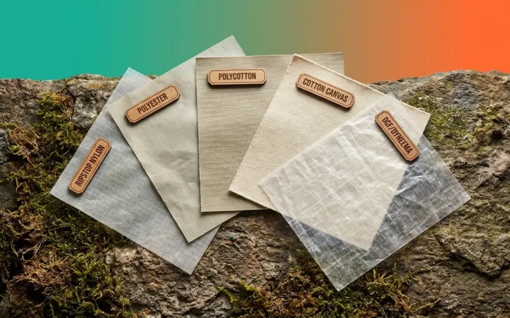 Tent materials guide showing five fabric swatches from nylon to canvas and DCF