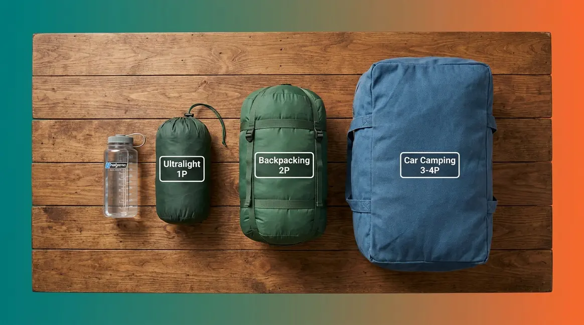Tent packed size guide showing three compressed tents from ultralight to car-camping size