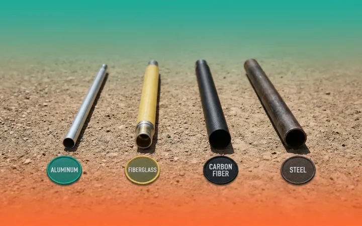 Tent pole materials explained — aluminum, fiberglass, carbon fiber, and steel poles side by side