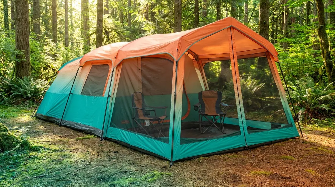 Tent porch extension attached to a family tunnel tent at a forest campsite