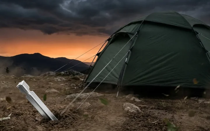 Tent V-stakes driven at 45-degree angle securing a shelter in windy outdoor conditions