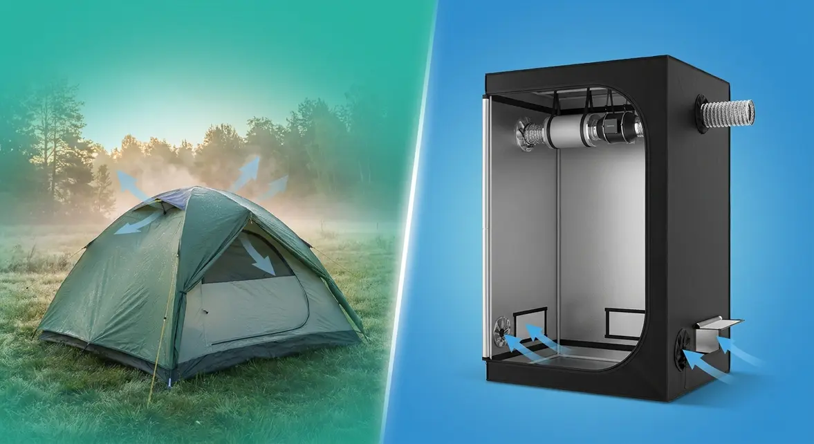 Tent ventilation guide split view showing camping tent and indoor grow tent airflow systems