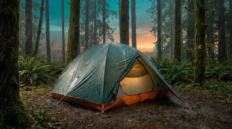 Tent waterproofing explained — raindrops beading off a camping tent in heavy rain