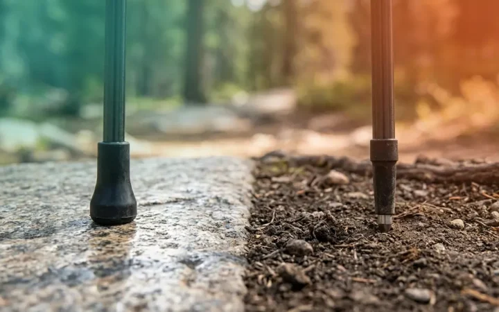 Trekking pole rubber feet on slickrock versus bare carbide tip on dirt trail comparison