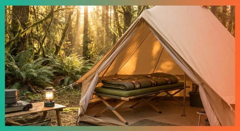 What is a camping cot — elevated folding bed set up inside a tent at a forest campsite