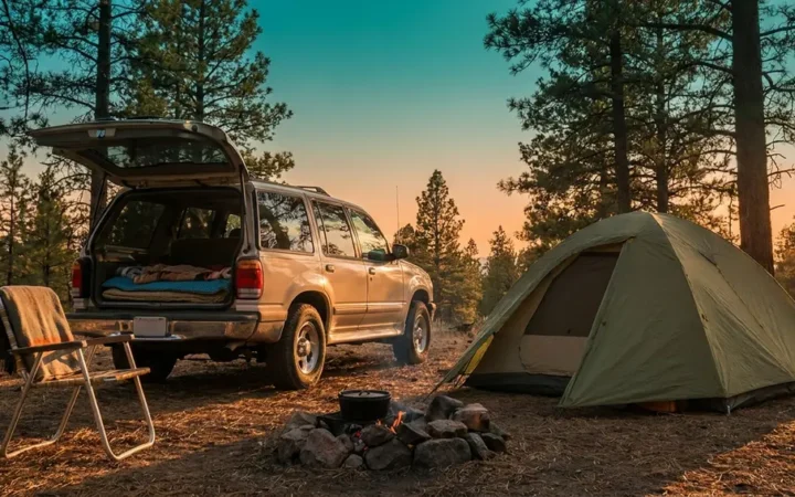 Car camping setup with SUV, dome tent, and campfire in a pine forest at golden hour