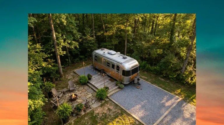 Seasonal camping setup with RV, deck, string lights, and fire ring at a private campground resort