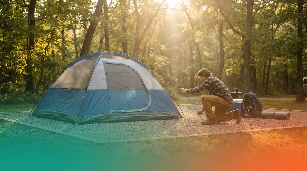 Beginner tent camper pitching a dome tent at a peaceful state park campground at golden hour