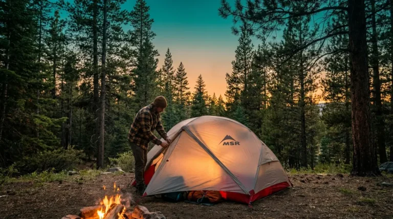 Why you need a tent for camping — solo camper at forested campsite during golden hour