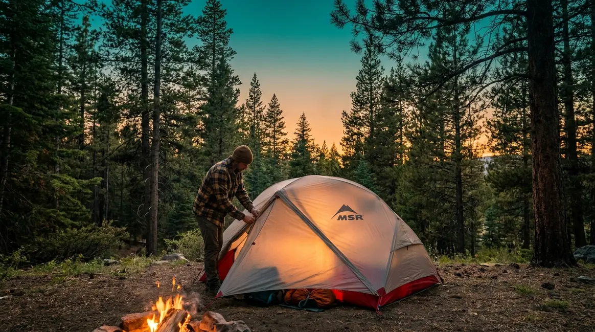 Why you need a tent for camping — solo camper at forested campsite during golden hour