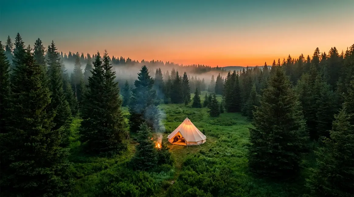 Why go tent camping — tent pitched in a forest clearing at golden hour with campfire glow