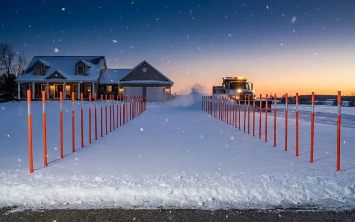 Wide snow stakes for winter lining both sides of a residential driveway at dusk