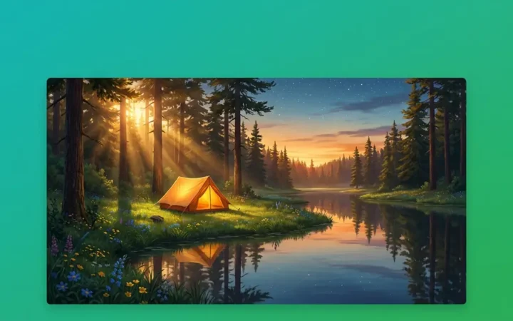 Benefits of tent camping shown through a peaceful forest campsite at golden hour