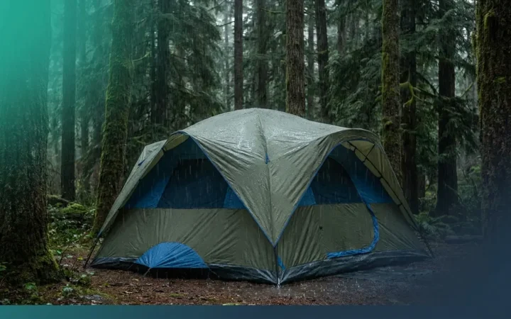 Best cabin tent for rain shown pitched in heavy downpour with full rainfly coverage