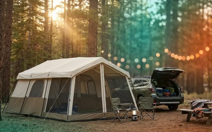 Best tent for car camping set up at forested campsite with SUV parked behind