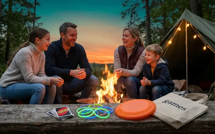 Family playing camping games for families around a glowing campfire at dusk