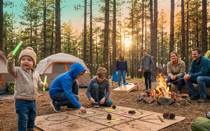 Family playing camping games for families around a glowing campfire at a pine forest campsite