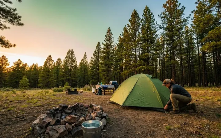 Beginner camper setting up tent at safe forest campsite with campfire ring nearby