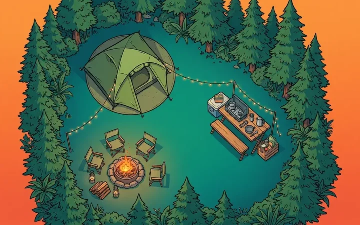 Campsite layout ideas aerial diagram showing the Camp Triangle Method with tent, kitchen, and fire zones