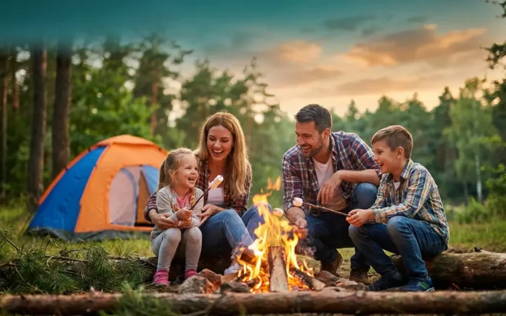 Family with two kids enjoying campfire activities during a forest camping trip together