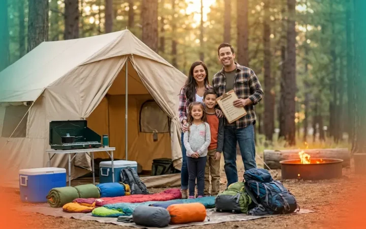 Family of four with camping gear and checklist outside a cabin tent at a forested campsite