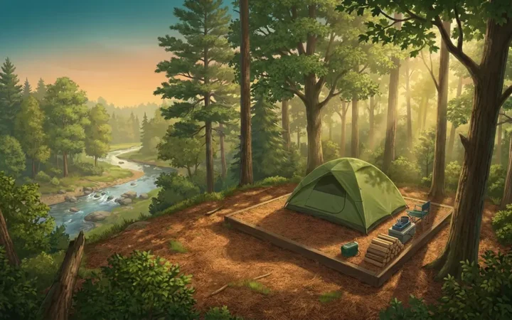 How to choose a campsite showing a safe tent setup on flat ground away from water
