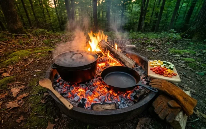 Cast iron Dutch oven and skillet over glowing campfire coals for one-pot campfire recipes