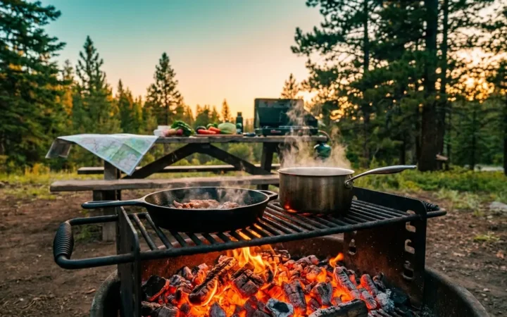 Outdoor cooking guide for campers showing cast-iron skillet over glowing campfire coals at dusk