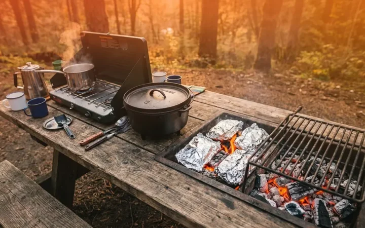 Outdoor cooking methods for camping showing camp stove Dutch oven and campfire grill setup