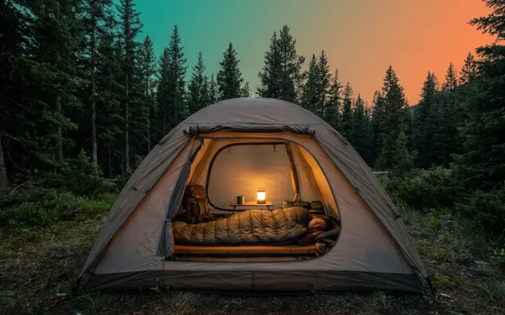 Camper sleeping soundly in a well-insulated tent with outdoor sleeping tips for camping setup