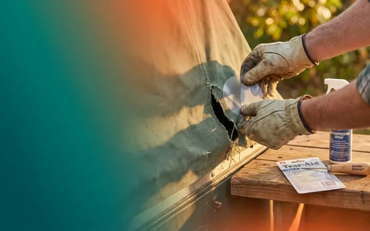 How to repair tent trailer canvas showing patch application and sewing awl tools on workbench