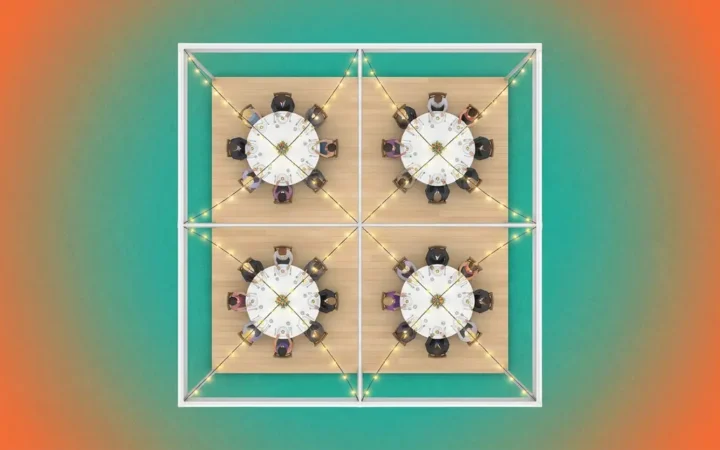 How many tables fit under a 20x20 tent aerial floor plan illustration with round tables and guests
