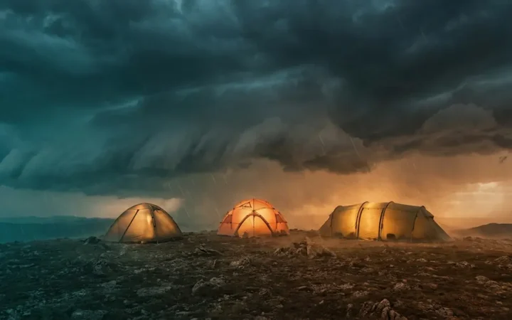Three tent shapes — dome, geodesic, and tunnel — pitched in stormy weather showing how tent design affects weather protection