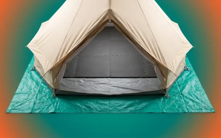 Tent floor design guide showing three-layer Ground-Up Stack with footprint, floor, and comfort layer inside a bell tent